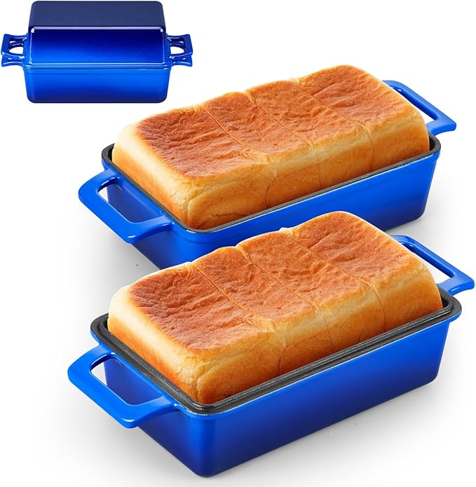 Leonyo 9 x 6 inch Cast Iron Loaf Pan with Lid, 2-in-1 Enameled Sourdough Baking Pan, Homemade Bread Dutch Oven for Pound Cake, Lasagna, Up to 500℉ & Blue