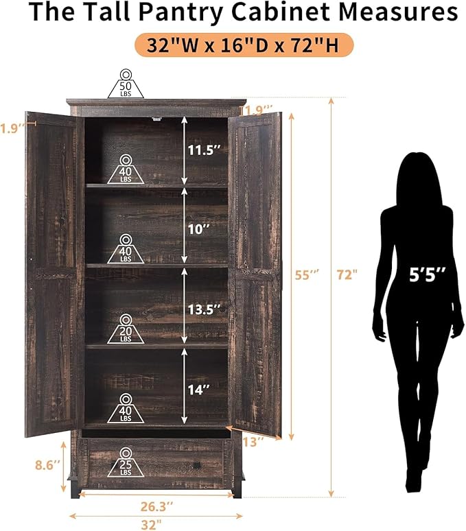 AMERLIFE 72" Tall Kitchen Pantry Storage Cabinet, Adjustable Shelves and Drawer, Farmhouse Food Pantry Cabinet for Kitchen, Living Room, Dining Room, Antique Oak