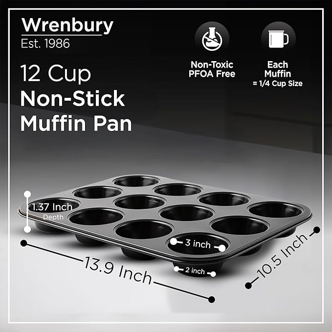 Wrenbury Non Stick Muffin Pan for Baking 12 Cup - Non Toxic Deep Cupcake and Yorkshire Pudding Tin - Even Bakes, Easy Clean, Warp Resistant - 3" Cup