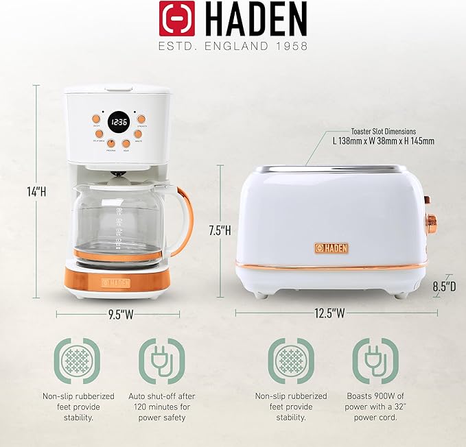 Haden Heritage 2 Slice Wide Slot Stainless Steel Toaster Bundled with 12 Cup Programmable Drip Coffee Maker Coffee Machine, Ivory & Copper