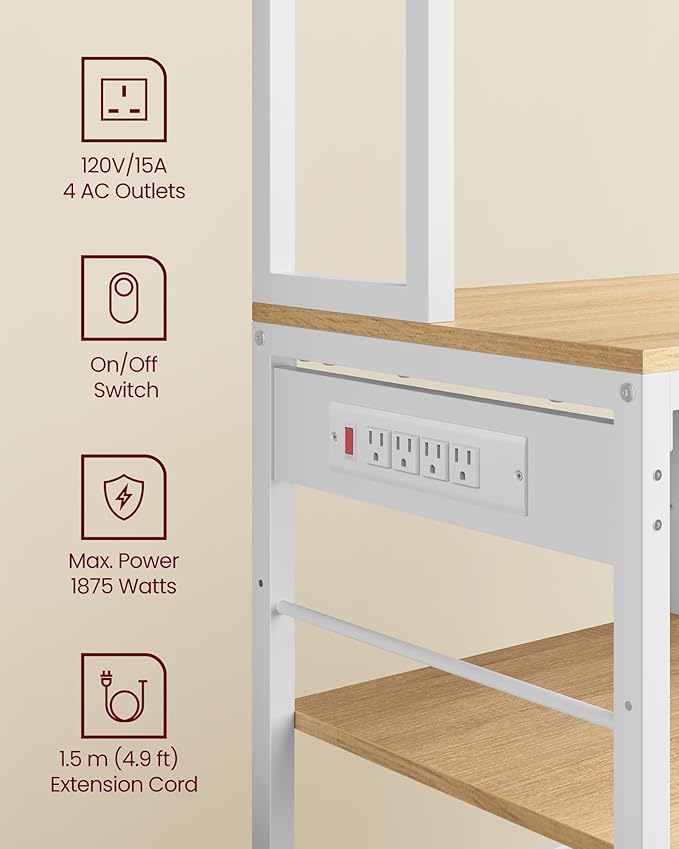 VASAGLE Bakers Rack with Charging Station, Coffee Bar with Adjustable Storage Shelves, Fabric Drawer, 12 Hooks, 15.7 x 39.4 x 71 Inches, Kitchen Microwave Stand, Golden Oak and Cloud White UKKS027Y01