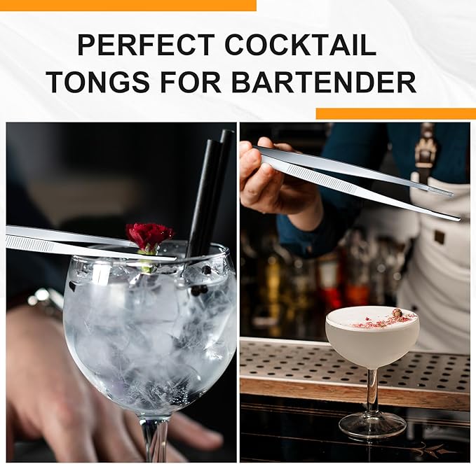Yaomiao 4 Packs Bar Tweezers Long Garnish Tongs Bar Tweezers Stainless Steel Korean Bbq Tongs for Bartender Cocktail Cooking Food(Silver,8 Inch)