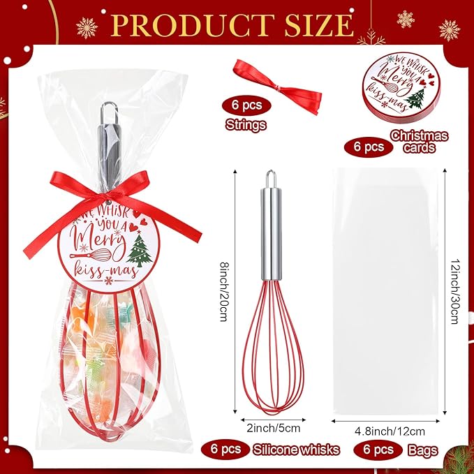 6 Sets 8 Inch Christmas Whisks Gifts DIY Fillable Christmas Tree Ornaments Xmas Colored Silicone Whisks for Cooking Heat Resistant Egg Beaters with Card Rope Bag for Candy Holder