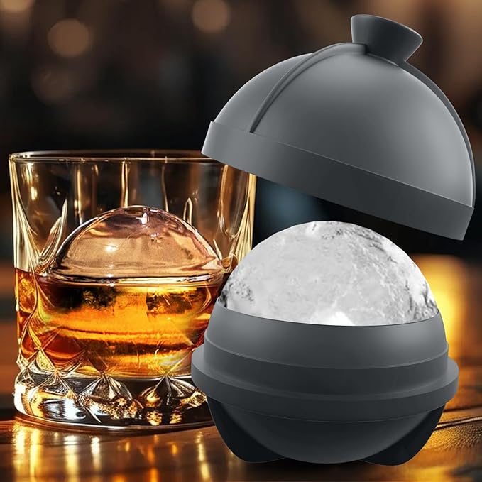 Samuelworld Large Ice Ball Maker with Lid, 4 x 2.5 Inch Round Silicone Ice Ball Mold, BPA Free, Easy To Fill Round Silicone Ice Tray, Craft Ice Maker for Whiskey, Cocktails, Gifting - Grey