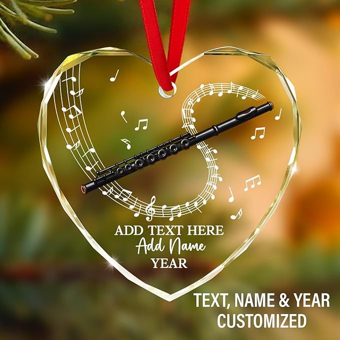 Personalized Flute Player Glass Ornament with Text Name & Year, Custom Flute Musical Instrument Xmas Ornaments 2025, Flutist Christmas Tree Ornament, Gift for Music Lover Student Friend