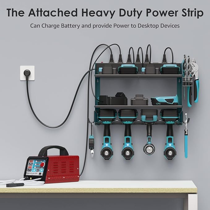 CCCEI Modular Power Tool Organizer Wall Mount with Charging Station. Garage Drill Storage Shelf with Hooks, Heavy Duty Rack, Tool Battery Holder Built in 8 Outlet. Gift for Men. Navy Blue, 1 Pack.