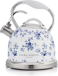 VQ Laura Ashley China Rose 2.5L Stainless Steel Tea Kettle Stovetop Whistling Teapot for Induction, Gas Hob or others. Silicon Coated Cool Handle & Push Button Mechanism Vintage Stove Top Kettle