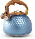 Stainless Steel Tea Kettle Blue, Teapot 3.2 Quart Whistling Tea Kettle, Tea Pots for Stove Top with Wood Pattern Handle, Gas Electric Applicable