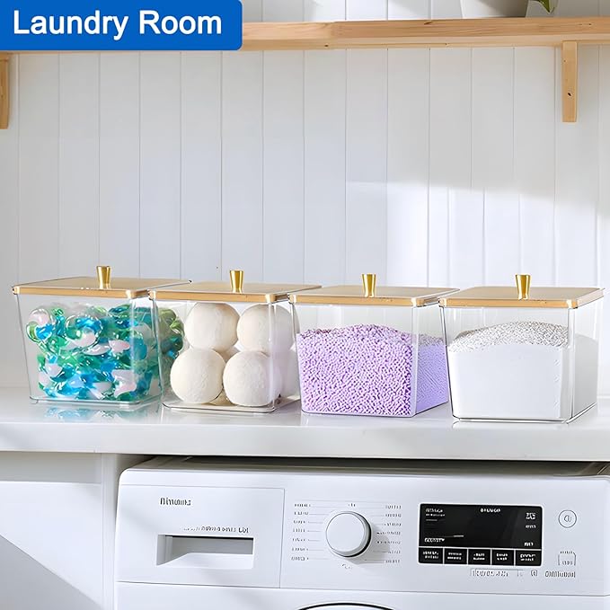 Hudgan 4 Pack Acrylic Storage Containers with Measuring Scoops for Kitchen, Laundry, Pantry, Clear Sturdy Plastic with Gold Handle Perfect for Dried Goods, Snacks, Detergent