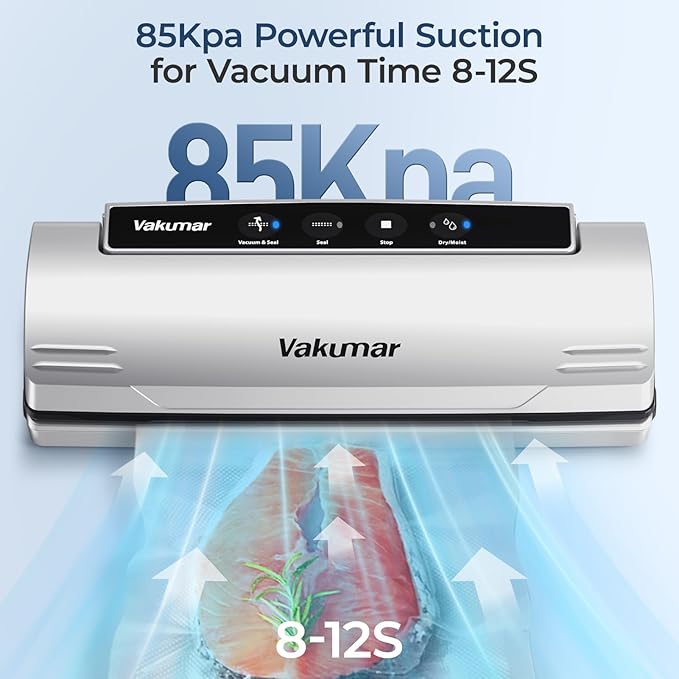 Upgraded Vacuum Sealer Machine for Food, 8 in 1 Food Sealer Vacuum Sealer with Powerful Suction, Dry & Moist Modes, Sous Vide Compatible, Included Car Charger(In-vehicle use)