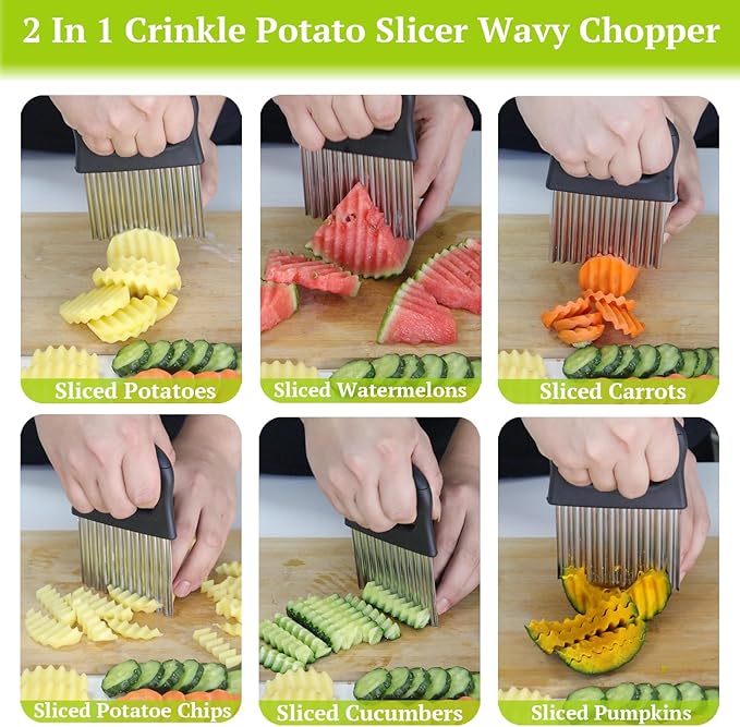 Suuker Crinkle Cutter, 2 In 1 Potato Slicer Wavy Chopper with Vegetable Peeler, Stainless Steel Wavy Slicer Crinkle Cutting Chopping Tools for Potatoes Carrot Chips and Fruits, Vegetables, Onions