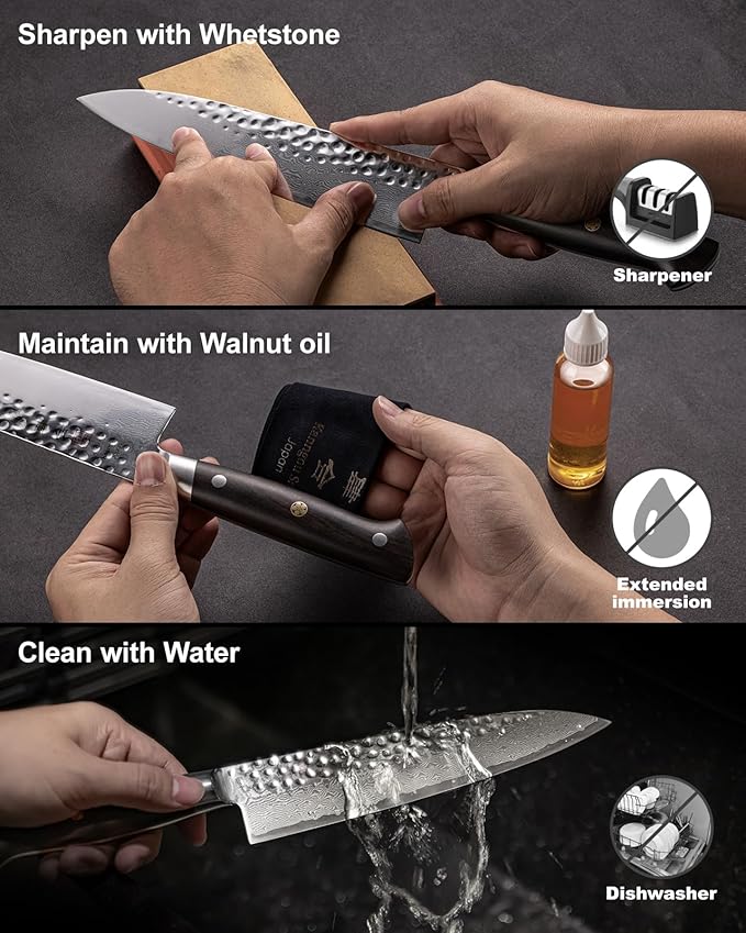 Santoku Knife 7 Inch Japanese Chef Knife with 67 Layers Damascus Steel AUS-10 Core, Razor Sharp Chefs Knife with Full-Tang Ebony Wood Handle and Premium Gift Box(Hammered Damascus Series)