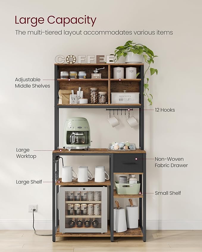 VASAGLE Bakers Rack with Charging Station, Coffee Bar with Adjustable Storage Shelves, Fabric Drawer, 12 Hooks, 15.7 x 31.5 x 71 Inches, Kitchen Microwave Stand, Rustic Brown and Ink Black UKKS015K01