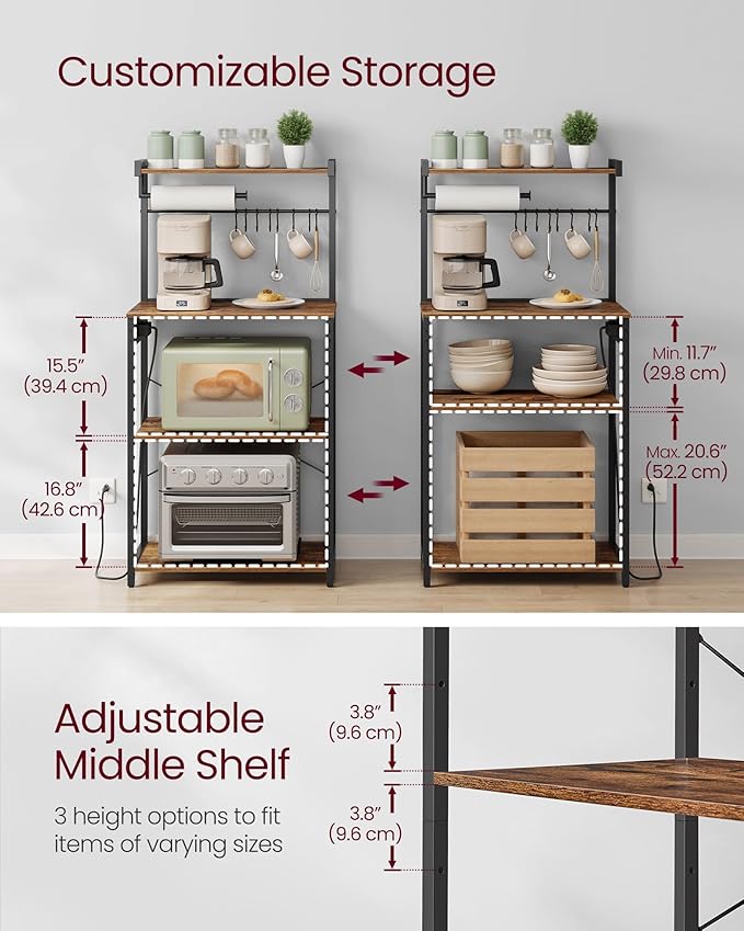 VASAGLE Kitchen Bakers Rack with Power Outlet, Coffee Bar 4-Tier with 8 S Hooks, Microwave Stand, Adjustable Shelf, for Small Spaces, Rustic Brown and Ink Black UKKS014K01V1