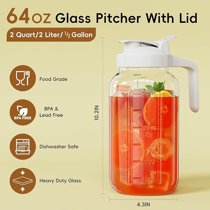 Glass Mason Jar Pitcher, 64 oz Wide Mouth Jug with Pour Spout Handle Lid for Cold Brew Coffee, Ice Beverage, Iced Juice, Lemonade, Sun Tea, Fruit Drinks Container（White）