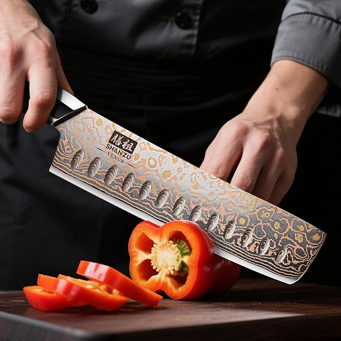 SHAN ZU Damascus Nakiri Knife 7 Inch, Japanese Kitchen Knives Copper & Damascus Steel High Carbon 33 Layer Hand Forged, Ultra Sharp Chef Knife Carving Knife with Maple Wood Handle