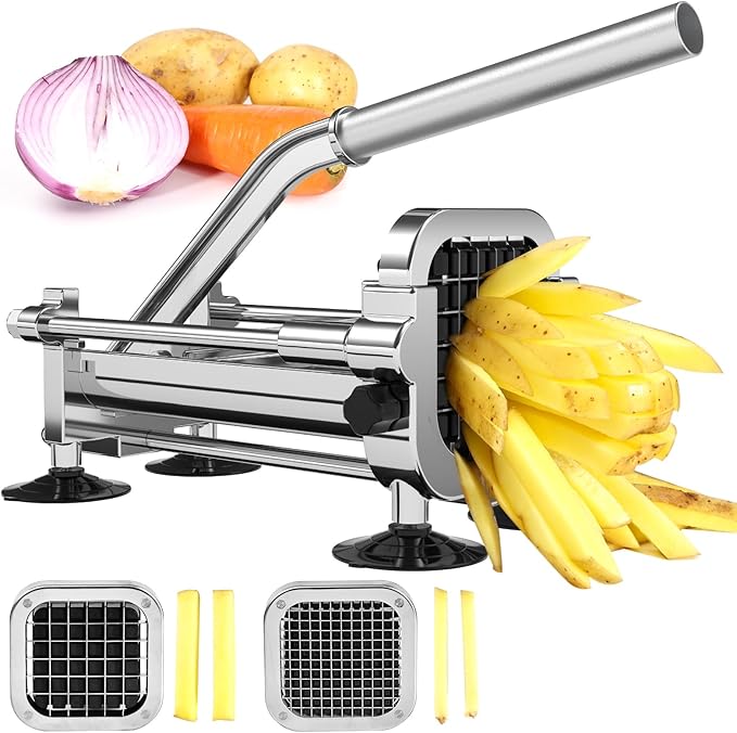 French Fry Slicer, Stainless Steel Potato Cutter with 1/4 inch and 1/2 inch Blades for Thin and Thick Fries, Commercial French Fry Cutter for Homemade Sweet Potatoes Carrots, and Cucumbers