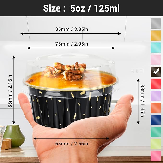 EUSOAR Foil Ramekins with Lids, Black 25Packs 5oz Disposable Baking Cups Foil Liner Cupcake Container, Dessert Cheesecake Pan Creme Brulee Cupcake Containers for Catering Gathering Club Wedding Party