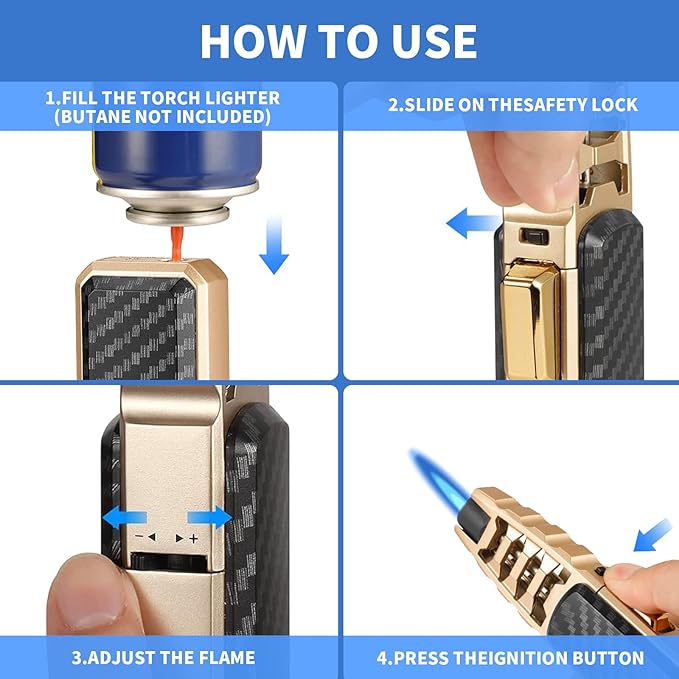 Butane Torch Lighter,Windproof Refillable Kitchen Cooking Torch,Adjustable Flame Solar Beam Blow Torch with Safety Lock for Candle Camping BBQ (Not Included Butane Gas) (Gold)