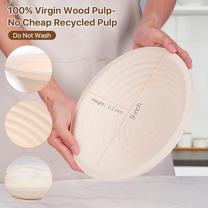 Non-Stick Oval Wood Pulp Banneton Bread Proofing Basket Set Of 2, Sourdough Banneton Basket Kit, Bread Making Tool Sourdough Starter Kit with Proofing Bowl, Cover, Dough Whisk, Lame, Scraper