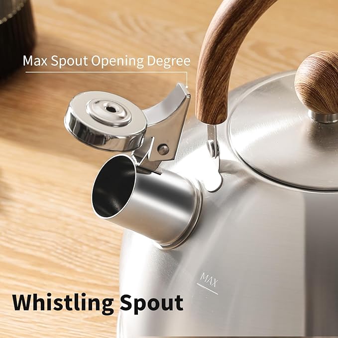 18/8 Stainless Steel Tea Kettle for Stovetop (3L / 3.17 Quart, Whistling Tea Pot, Wood Handle)-Silver
