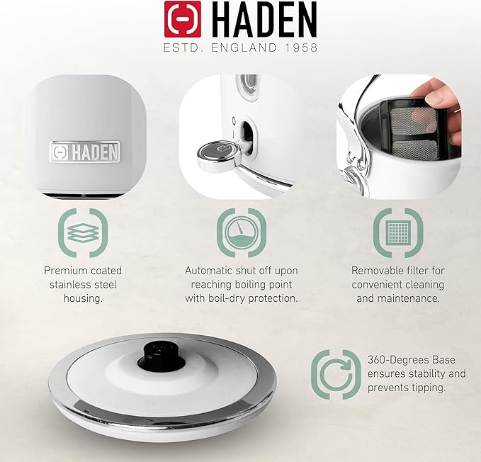 HADEN Coffee Machine, 12 Cup Drip Coffee Maker Bundled with Heritage 1.7 Liter Stainless Steel Electric Kettle, Ivory & Chrome