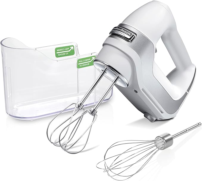Hamilton Beach Professional 5-Speed Electric Hand Mixer with High-Performance DC Motor, Slow Start, Snap-On Storage Case, Stainless Steel Beaters & Whisk, White (62652)