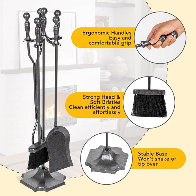 nalone 5 Pieces Fireplace Tools Set, Wrought Iron with Silver Pattern Fireplace Accessories Set with Poker, Tong, Shovel, Brush, Fire Place Tools Indoor Outdoor (Grey)