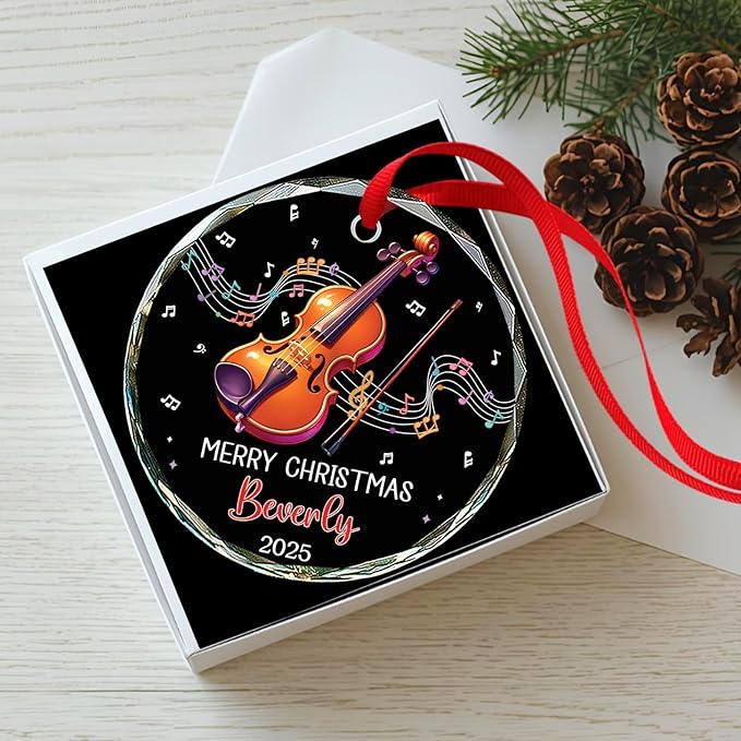 Personalized Musical Instrument Xmas Glass Ornaments, Violin Instrument Ornament for Violin Lovers, Custom Text & Name Violinist Christmas Keepsake, Music Teacher Glass Ornament 2025