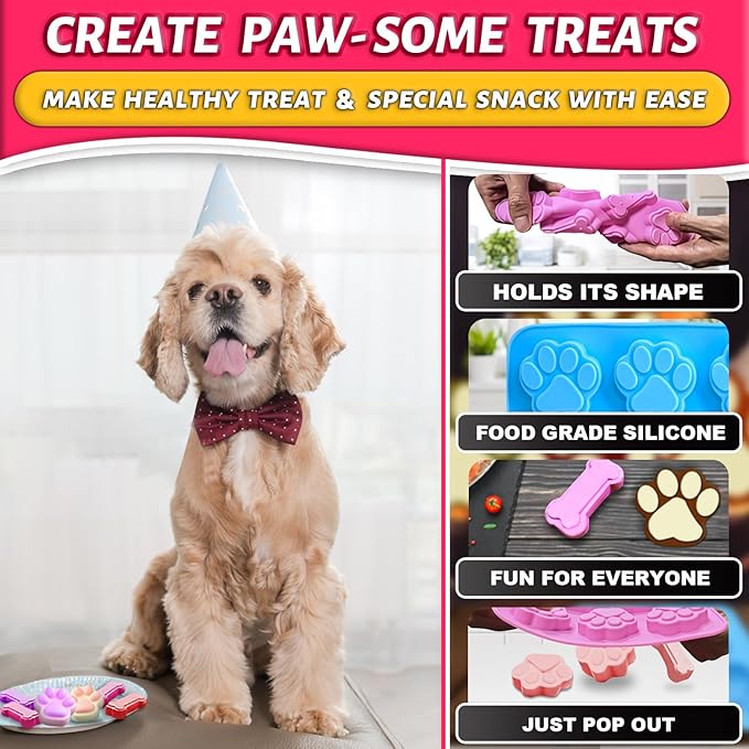 3Pcs Puppy Paw & Bone Silicone Molds - Non-Stick Candy Mold, Reusable Ice Cube Molds for Frozen Dog Treats, Chocolate, Jelly, Biscuit - Food Grade 2-in-1 Dog Treat Mold for Baking and Freezing