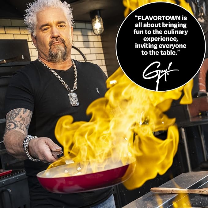 Guy Fieri's Flavortown 11-Piece Ceramic Cookware Set, Nonstick Pots and Pans for Cooking, Made without PFAS PTFE PFOA, Oven Safe, Dishwasher Safe, Easy to Clean Everyday Cookware, Red