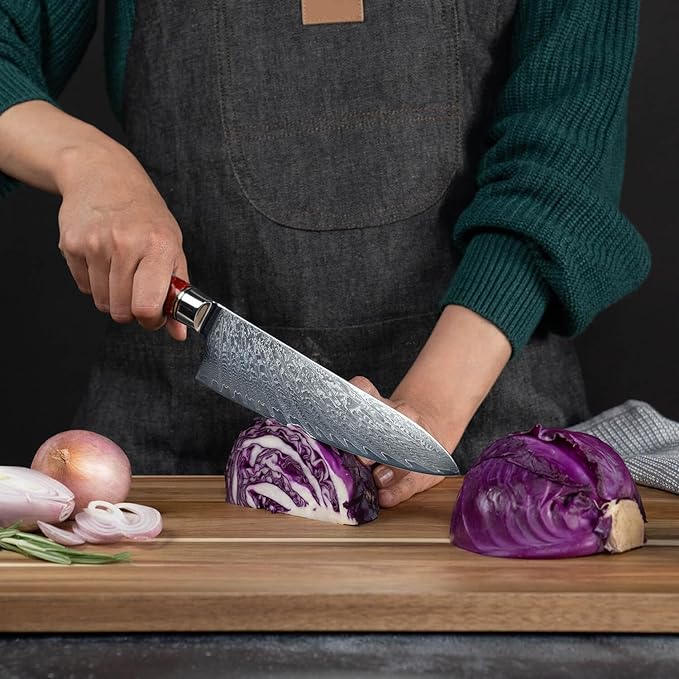 SENKEN Damascus Steel Chef's Knife - Tsunami Collection - 67-Layer Japanese VG10 Steel Core - Unique Blue Resin & Natural Wood Handle, Razor Sharp, Beautiful Damascus Wave Pattern (Red)