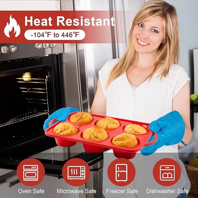 2 Pack Jumbo Muffin Pans with Metal Frame, 6 Cup Large Cupcake Molds with Handles, Silicone Egg Bite Baking Trays, BPA Free & Non-Stick