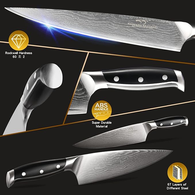 Damascus Kitchen Knife Set with Block – Razor Sharp 67-Layer VG10 Steel, Triple Rivet Handles, Chef, Santoku, Utility, Bread & Paring Knives, Sharpener, Shears, Black, 9PCS