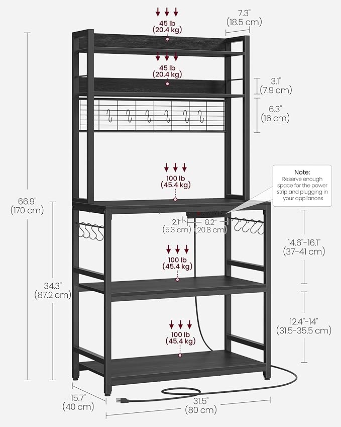 VASAGLE Hutch Bakers Rack with Power Outlet, 14 Hooks Microwave Stand, Adjustable Coffee Bar with Metal Wire Panel, Kitchen Storage Shelf, 15.7 x 31.5 x 66.9 Inches, Charcoal Gray and Ink Black