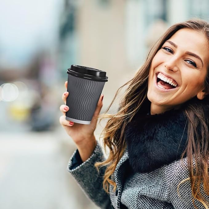 500 Pack Coffee Cups with Lids 16oz, Disposable Insulated Ripple Wall To Go Paper Coffee Cups for Hot/Cold Drinks Office Home Shop Event (Grey)