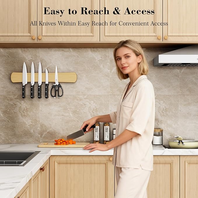 Magnetic Knife Holder for Wall, 18 Inch Large Bamboo Knife Magnetic Strip, Housewarming Gifts for New Home, Kitchen Wall Storage Space Savers, Farmhouse Kitchen Utensil Organizer Essentials
