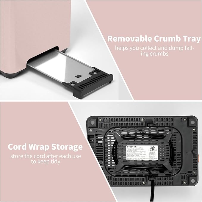 SEEDEEM Toaster 2 Slice, Touch Control Stainless Toaster LCD Display, 50% Faster Heating Speed, 1.4'' Wide Slots, More Timer Functions, Removable Crumb Tray, 1350W, Crystal Pink