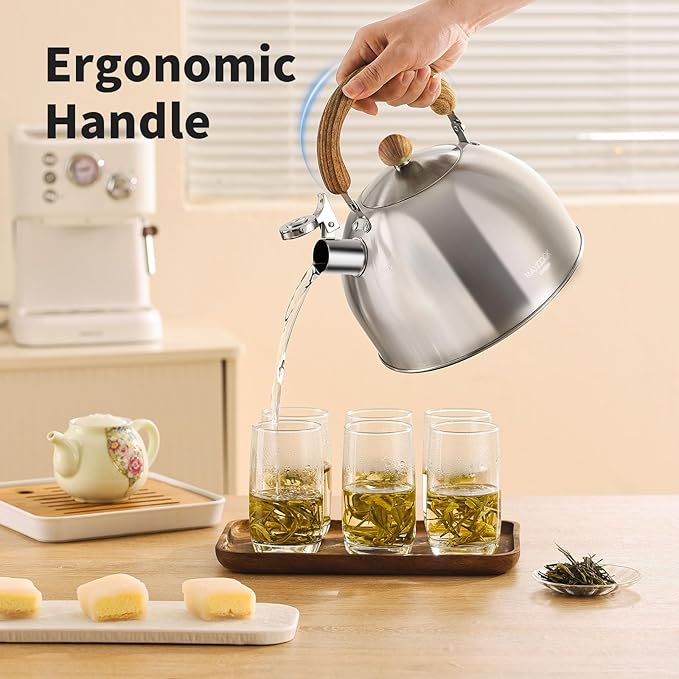 18/8 Stainless Steel Tea Kettle for Stovetop (2L / 2.1 Quart Whistling Tea Pot, Wood Handle)-Silver