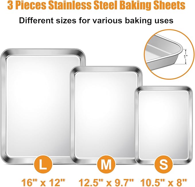 TeamFar Baking Sheet Set of 3, 16/12.5/10.5 Inch Stainless Steel Cookie Sheets Baking Pans, Metal Oven Baking Tray for Cooking Roasting Serving, Non-Toxic & Mirror Finish & Dishwasher Safe