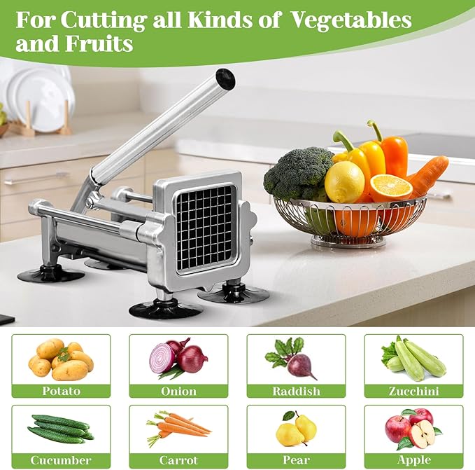 Commercial French Fry Cutter, Heavy Duty Potato Slicer with 1/4Inch Blade, Stainless Steel Potato ChopperFrench Fries Cutter with Suction Feet,