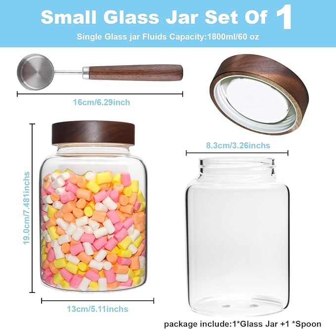 Glass Coffee Jars Spice Jar Round Storage Canister with Wooden Lid Clear Glass Food Jar for Pantry Sugar Tea Coffee Bean Spice Nuts Cookies Bath Salts (1800ml/60oz-2PACK（with spoon)