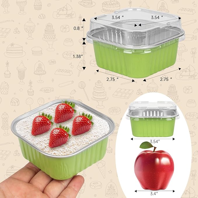 50 Pcs Mini Square Baking Cups with Lids,5oz Aluminum Foil Mini Cake Pans with Lids,Disposable Ramekins Cake Pans,150ml Dessert Cups Cupcake Pans for Wedding Birthday Party,Light Green