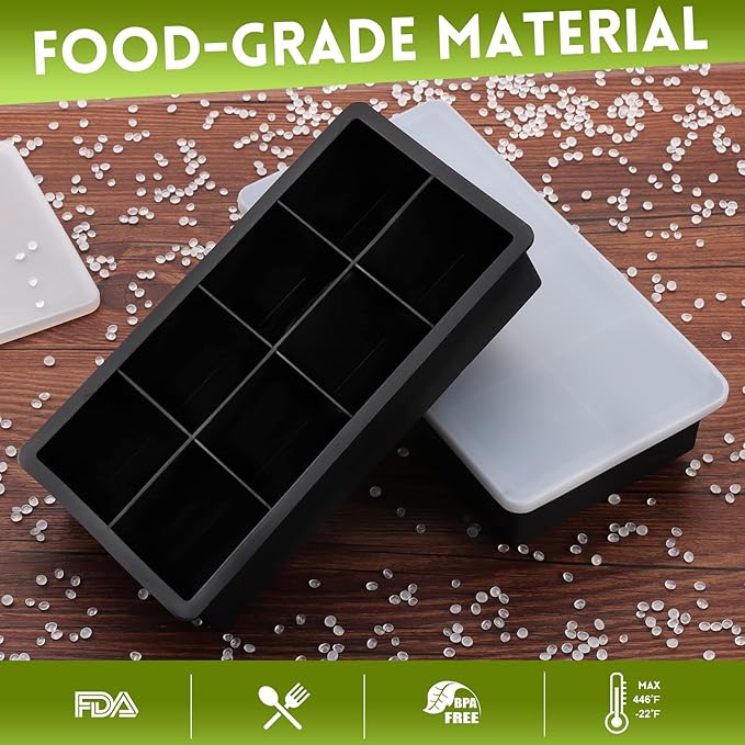 Ice Cube Trays Silicone,2 Pack Ice Cube Molds with Removable Lids,Stackable Ice Trays for Freezer,Ice Maker Reusable and BPA Free for Whiskey, Cocktail, Chilled Drink (8 Big Square Ice Cubes)