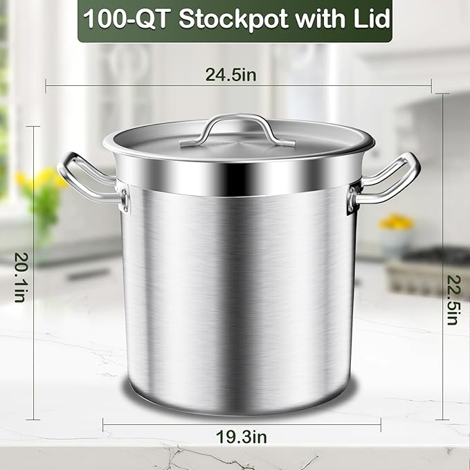 Stainless Steel Stock Pot,100 QT Large Stock Pot with Lid, Heavy Duty Tri-Ply Bottom Commercial Grade Stock Pots for Boiling Cooking Soup Stew Thick Bottom Deep Cookware Big Stockpots