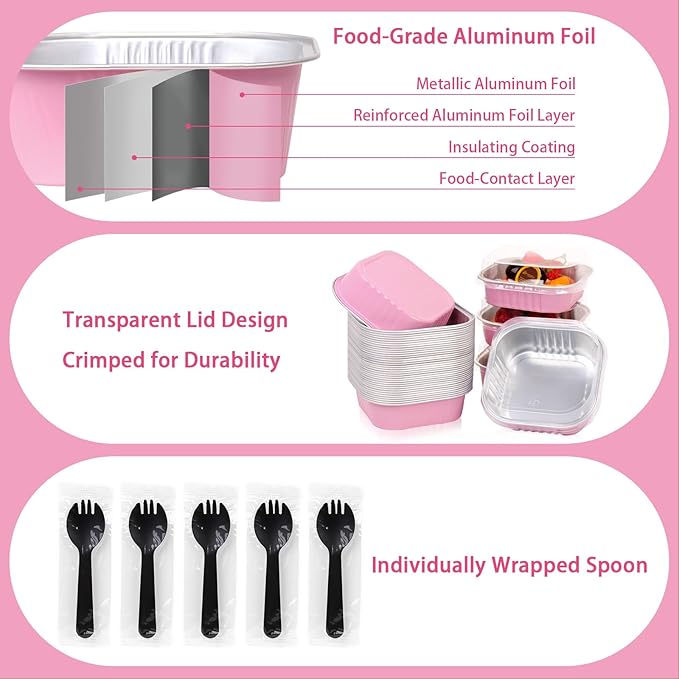 FORBFAN 150 Pcs Square Mini Cake Pans with Lids, 8 oz Individual Mini Loaf Pans, Pink Aluminum Foil Cupcake Baking Cups