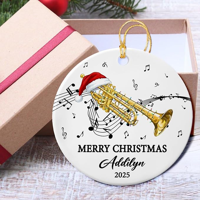 Unique Trumpet Instrument Ceramic Xmas Tree Ornament, Customized Text Year Name Trumpeter/Trumpet Player Ornaments Gift for Women Men, Personalized Trumpets Musical Lover Ceramic Keepsake Ornament