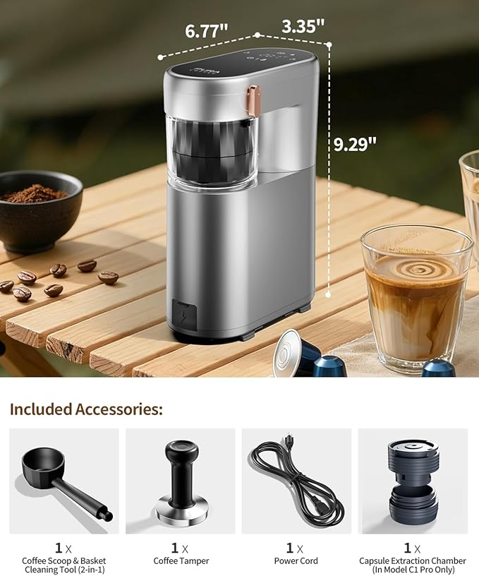 C1 Portable Electric Coffee Machine, 20 Bar Travel Espresso Maker with Ground Coffee, Rechargeable, Instant Heating, 6.1oz Water Tank, for Car, RV, Camping, Hiking, Office, Home