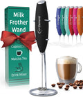 Elementi Milk Frother Wand & Drink Mixer with Stand - Turbo Milk & Coffee Frother Handheld - Hand Held Coffee Mixer Wand & Cold Foam Maker for Frothy Cappuccinos, Lattes & Drink Mixes at Home (Black)
