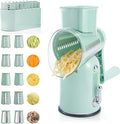 5-in-1 Manual Rotary Cheese Grater with Handle – Stainless Steel Blades for Slicing, Shredding, Grinding & Wavy Cuts – Strong Suction Base, Blade Storage Box – Green
